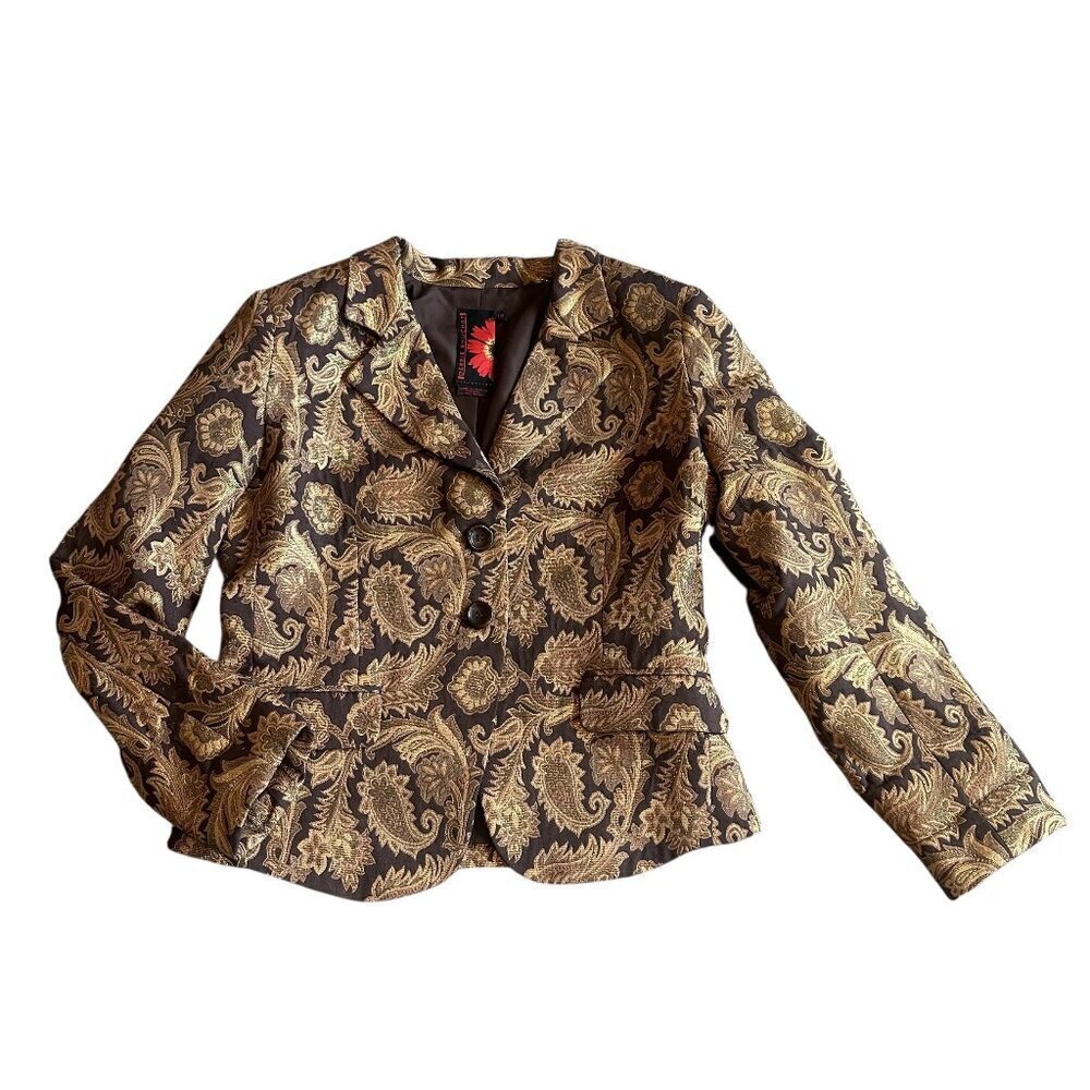 Debbie Shuchat Button-Down Blazer Jacket Paisley Gold Brown Size 10 Women's